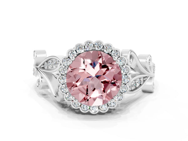 Platinum Round Cut Morganite Halo Ring with Vintage Split Shank and Four-Prong Setting