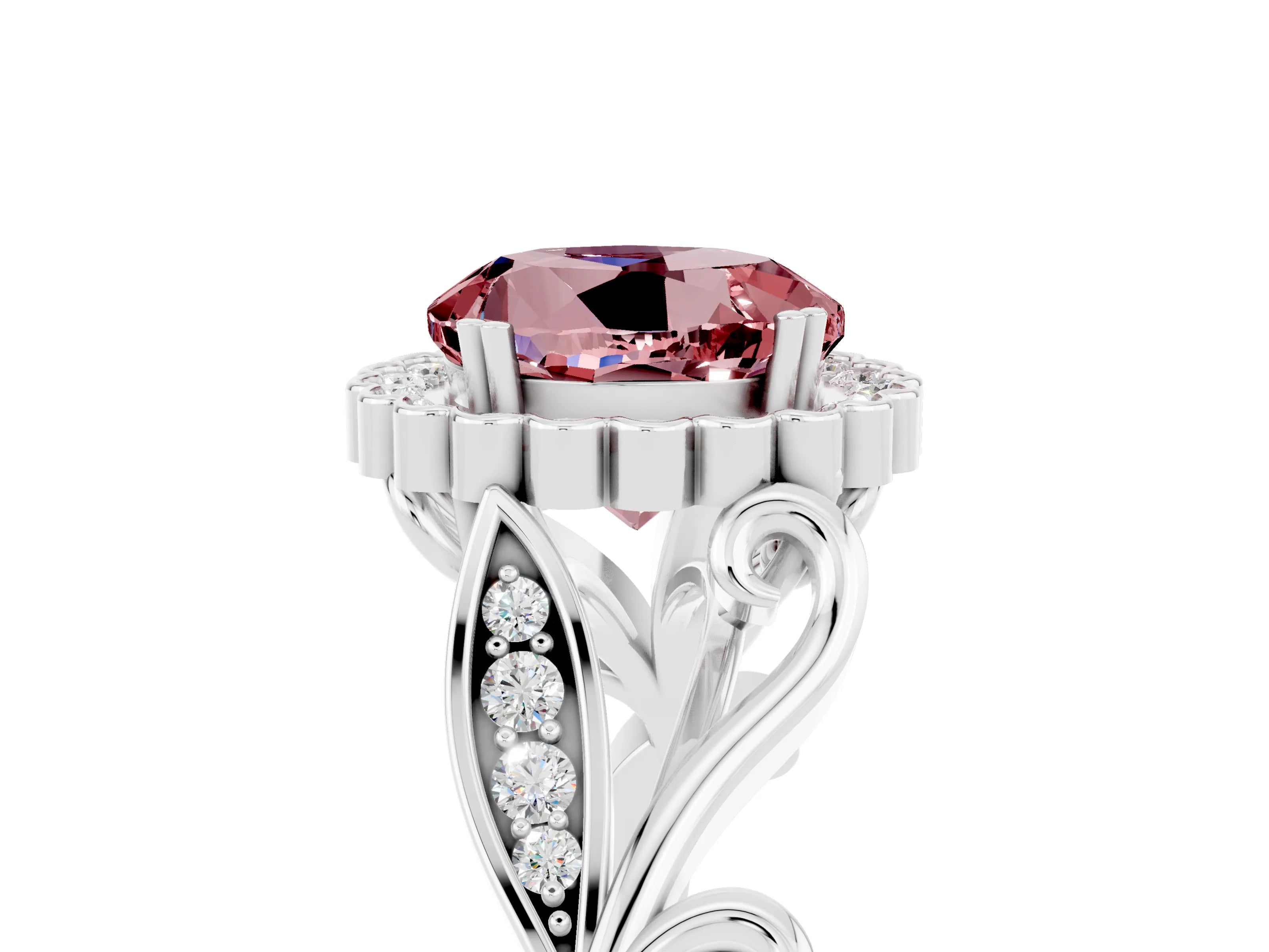 White gold Round Cut Morganite Halo Ring with Vintage Split Shank and Four-Prong Setting_23