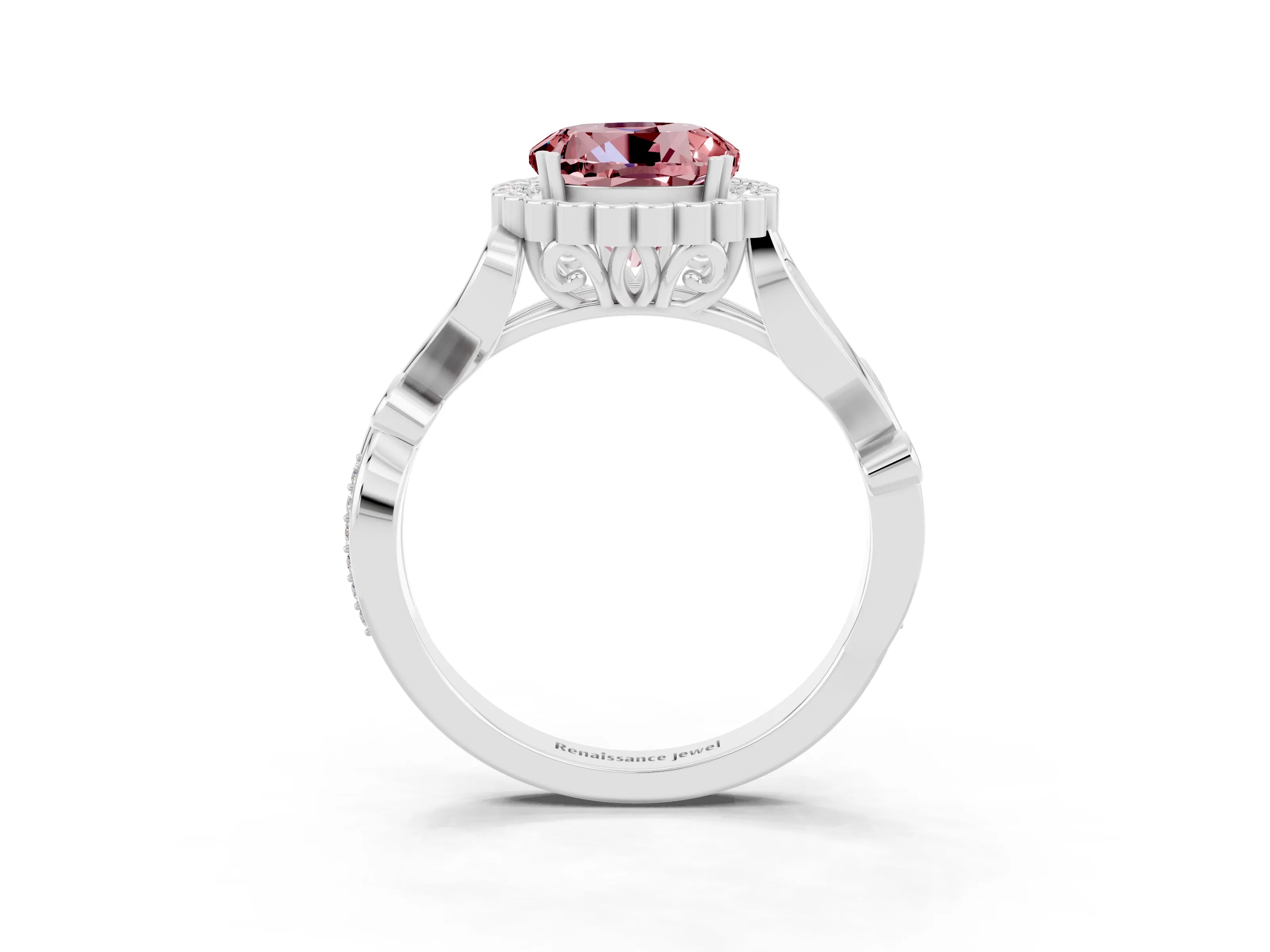 White gold Round Cut Morganite Halo Ring with Vintage Split Shank and Four-Prong Setting_26