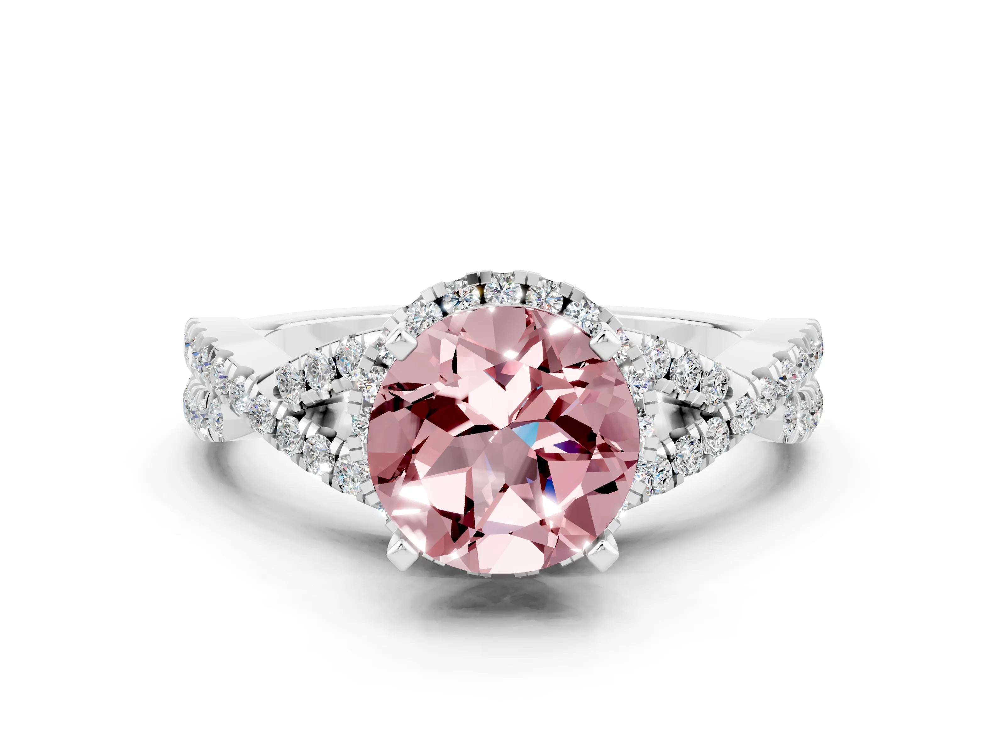White gold Round Cut Morganite Halo Twist Band Solitaire Prong Setting Ring