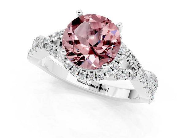 Platinum Round Cut Morganite  Halo Twist Band Solitaire Prong Setting Ring
