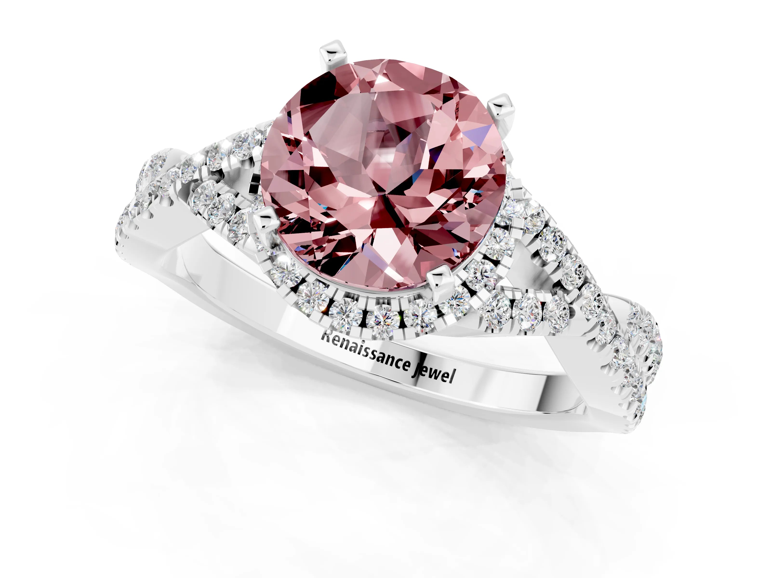 White gold Round Cut Morganite Halo Twist Band Solitaire Prong Setting Ring_1