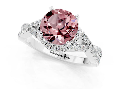 White gold Round Cut Morganite Halo Twist Band Solitaire Prong Setting Ring_1
