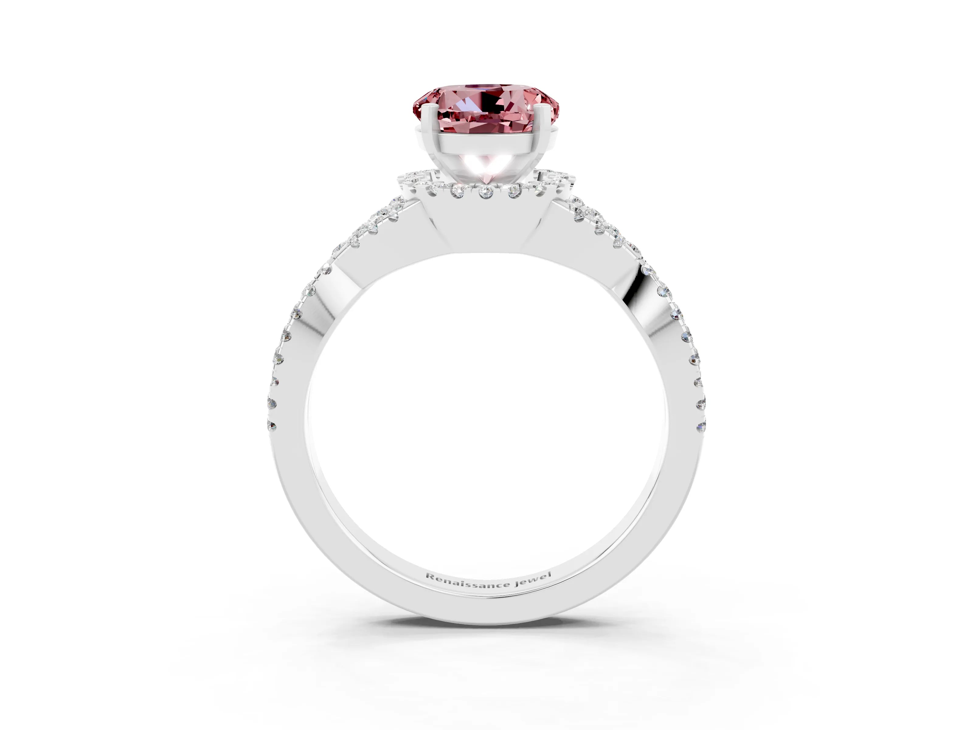 White gold Round Cut Morganite Halo Twist Band Solitaire Prong Setting Ring_3