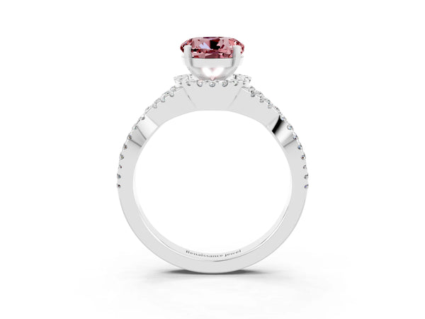 White gold Round Cut Morganite  Halo Twist Band Solitaire Prong Setting Ring