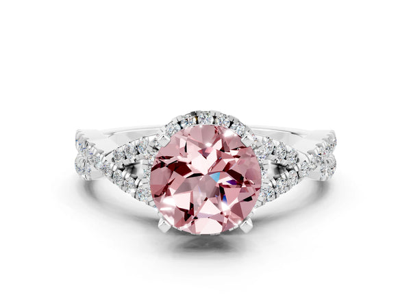 Silver Round Cut Morganite  Halo Twist Band Solitaire Prong Setting Ring