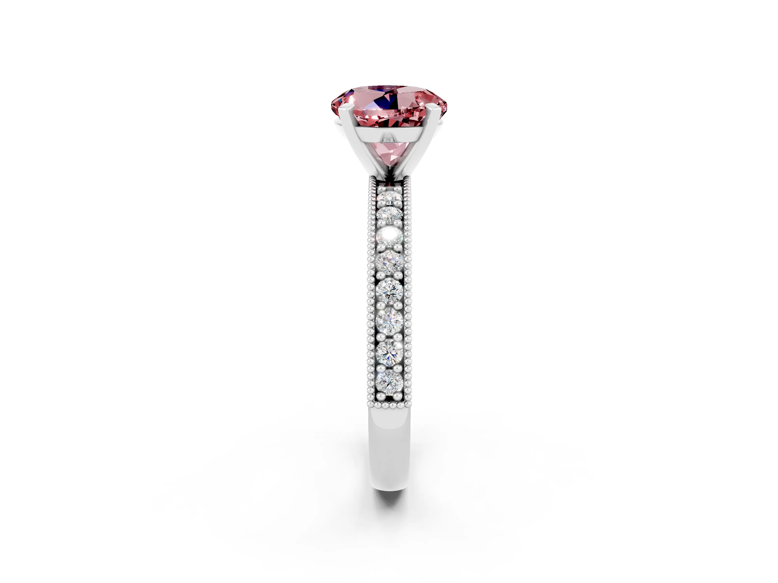 White gold Round Cut Morganite Milgrain Pavé Engagement Ring with Four-Prong Setting_2