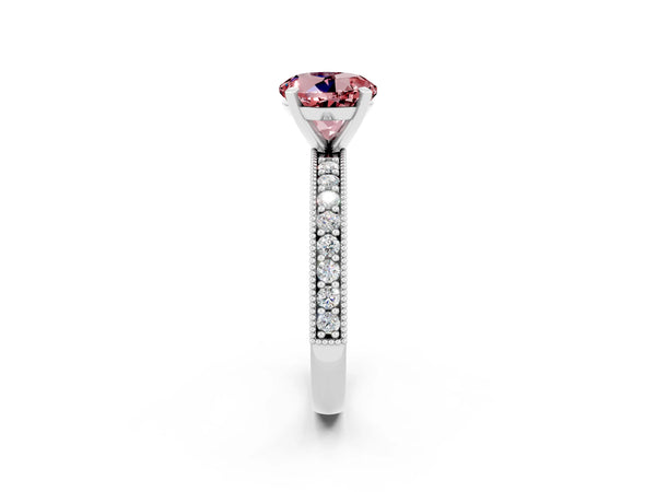 Platinum Round Cut Morganite Milgrain Pavé Engagement Ring with Four-Prong Setting