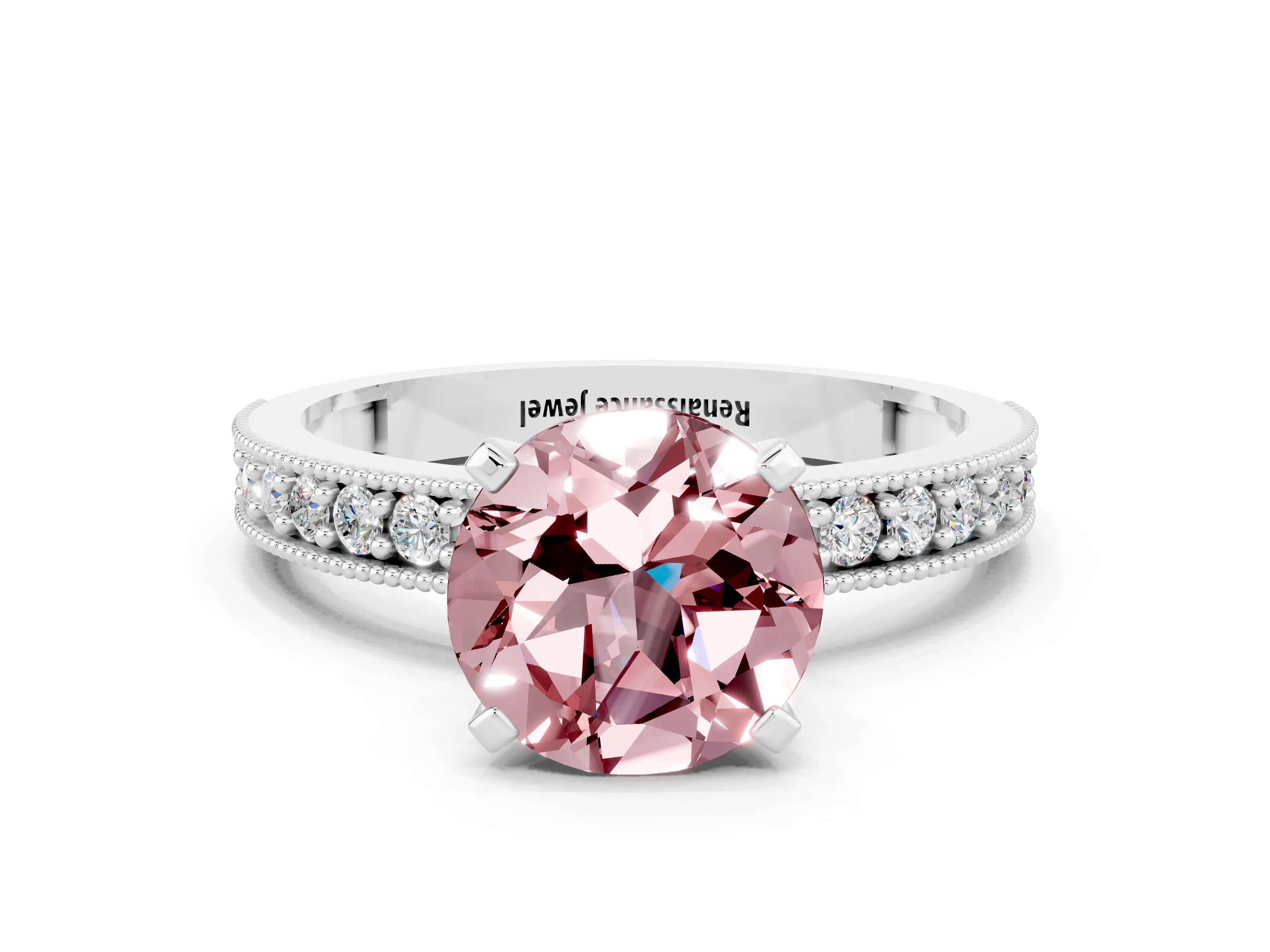 White gold Round Cut Morganite Milgrain Pavé Engagement Ring with Four-Prong Setting