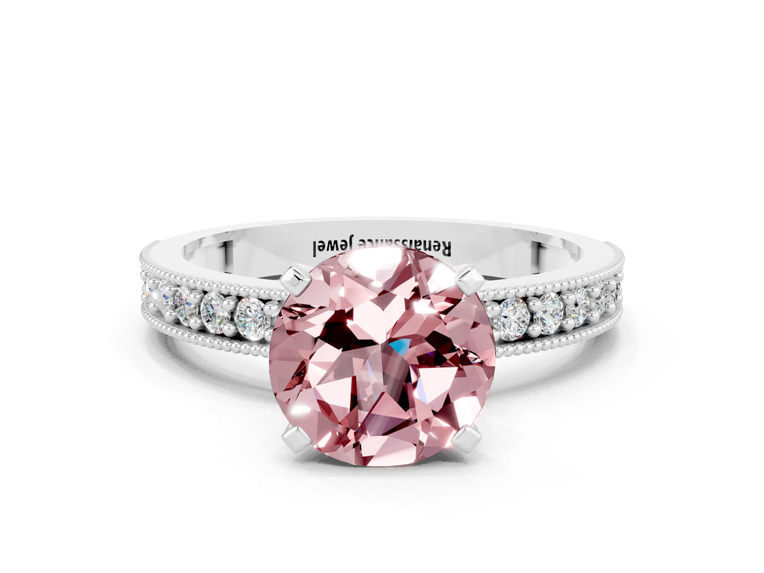 White gold Round Cut Morganite Milgrain Pavé Engagement Ring with Four-Prong Setting