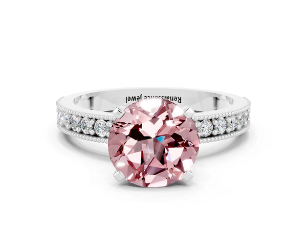 White gold Round Cut Morganite Milgrain Pavé Engagement Ring with Four-Prong Setting