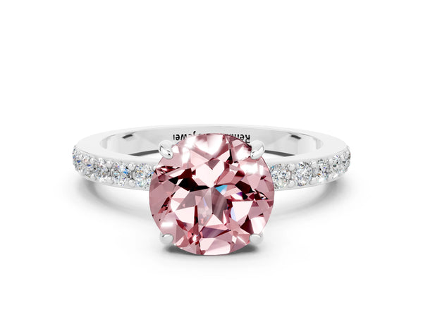 Silver Round Cut Morganite Pavé Engagement Ring with Round  Accents and Prong Setting
