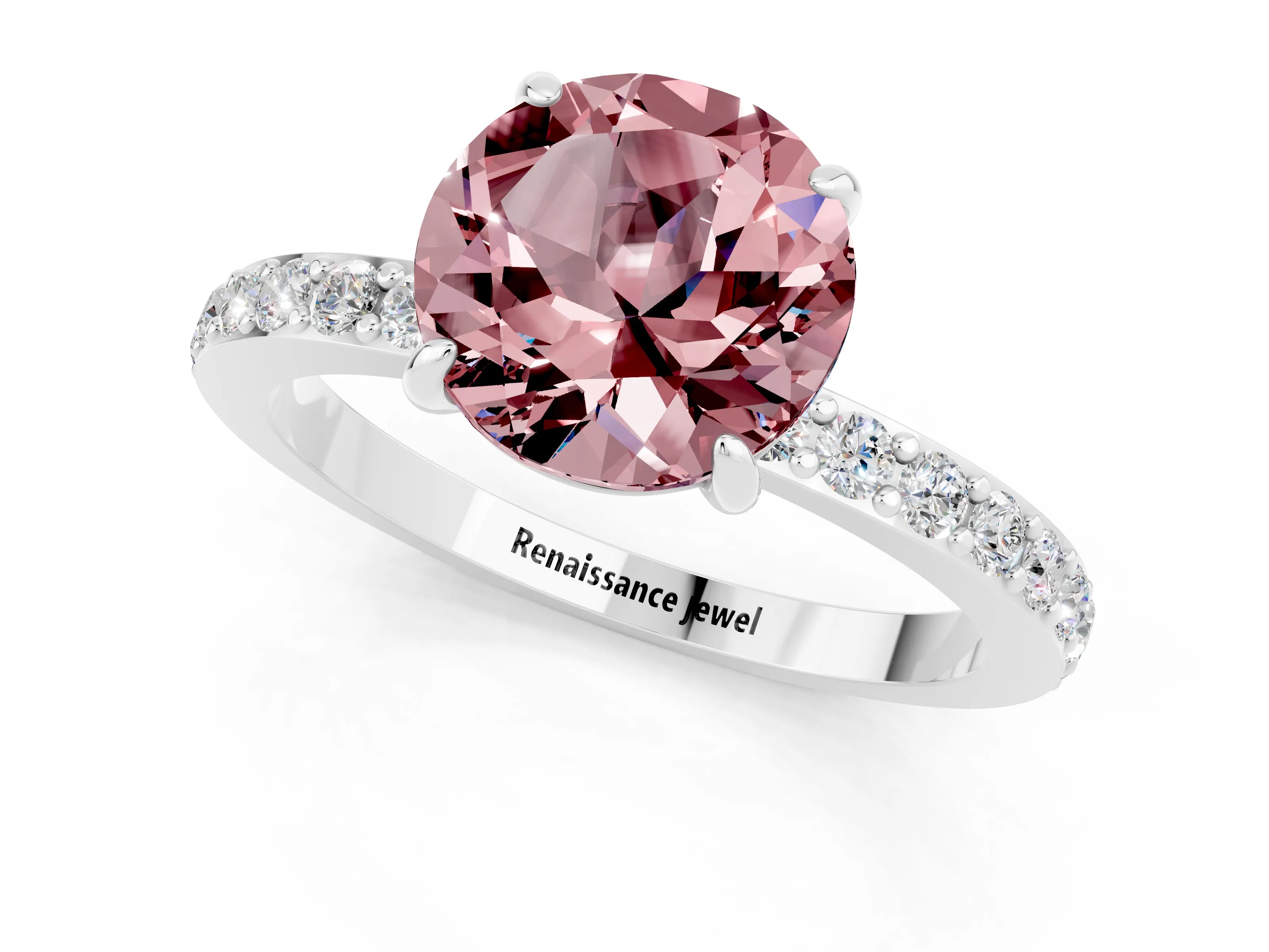 White gold Round Cut Morganite Pavé Engagement Ring with Round  Accents and Prong Setting_25