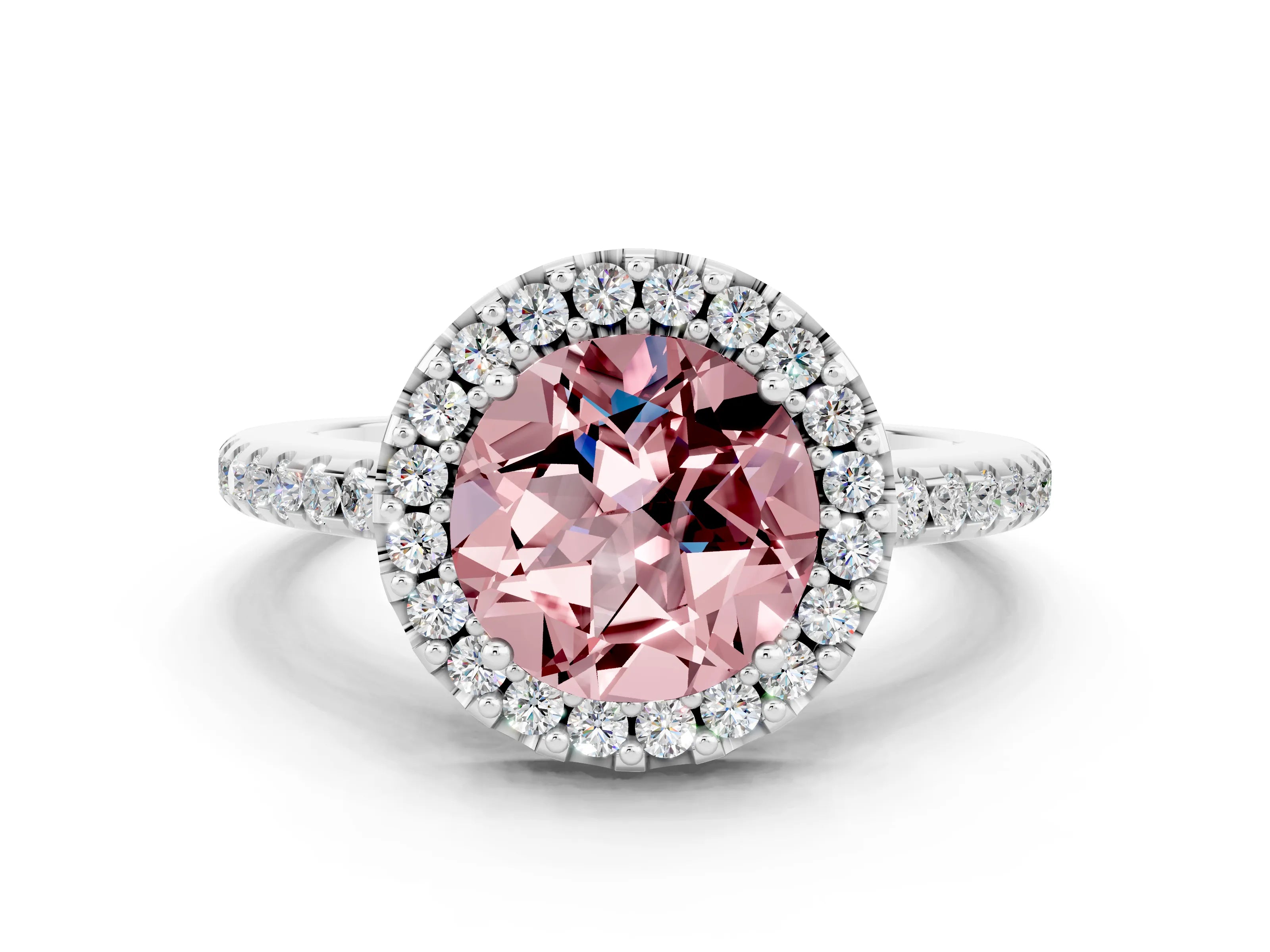 White gold Round Cut Morganite Pavé Halo Ring with Four-Prong Setting_12