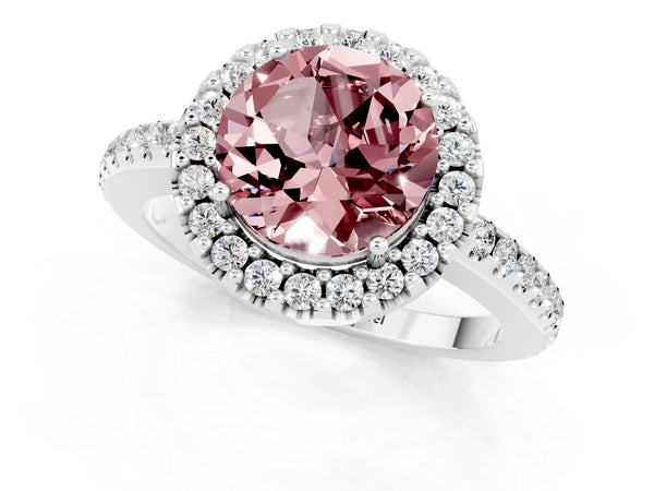 White gold Round Cut Morganite Pavé Halo Ring with Four-Prong Setting