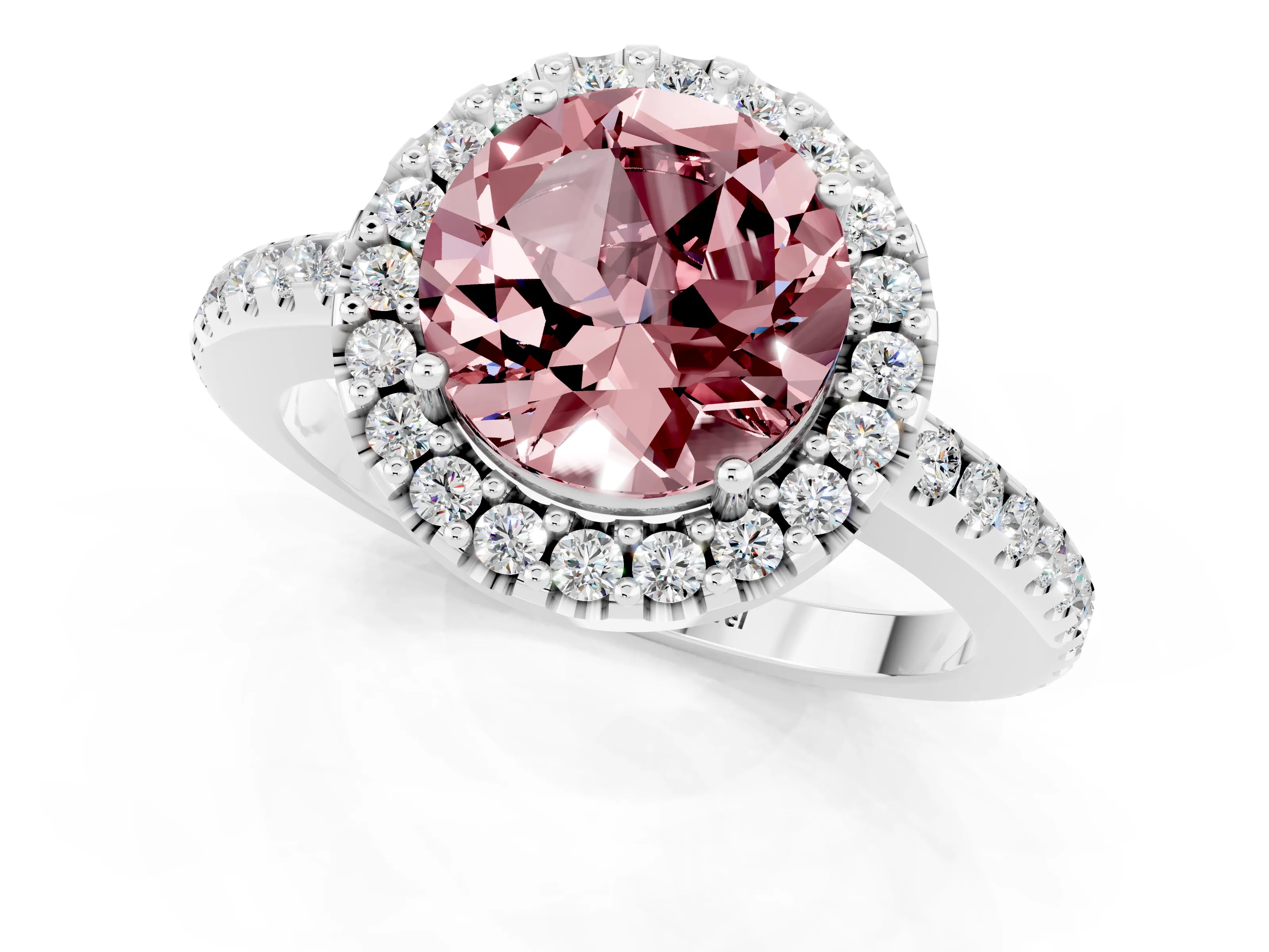 White gold Round Cut Morganite Pavé Halo Ring with Four-Prong Setting_13