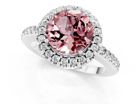 White gold Round Cut Morganite Pavé Halo Ring with Four-Prong Setting_13