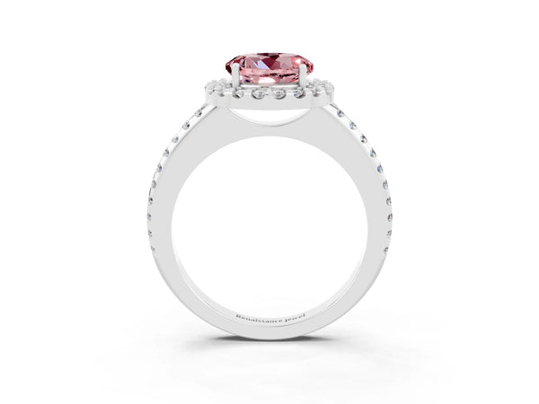Silver Round Cut Morganite Pavé Halo Ring with Four-Prong Setting