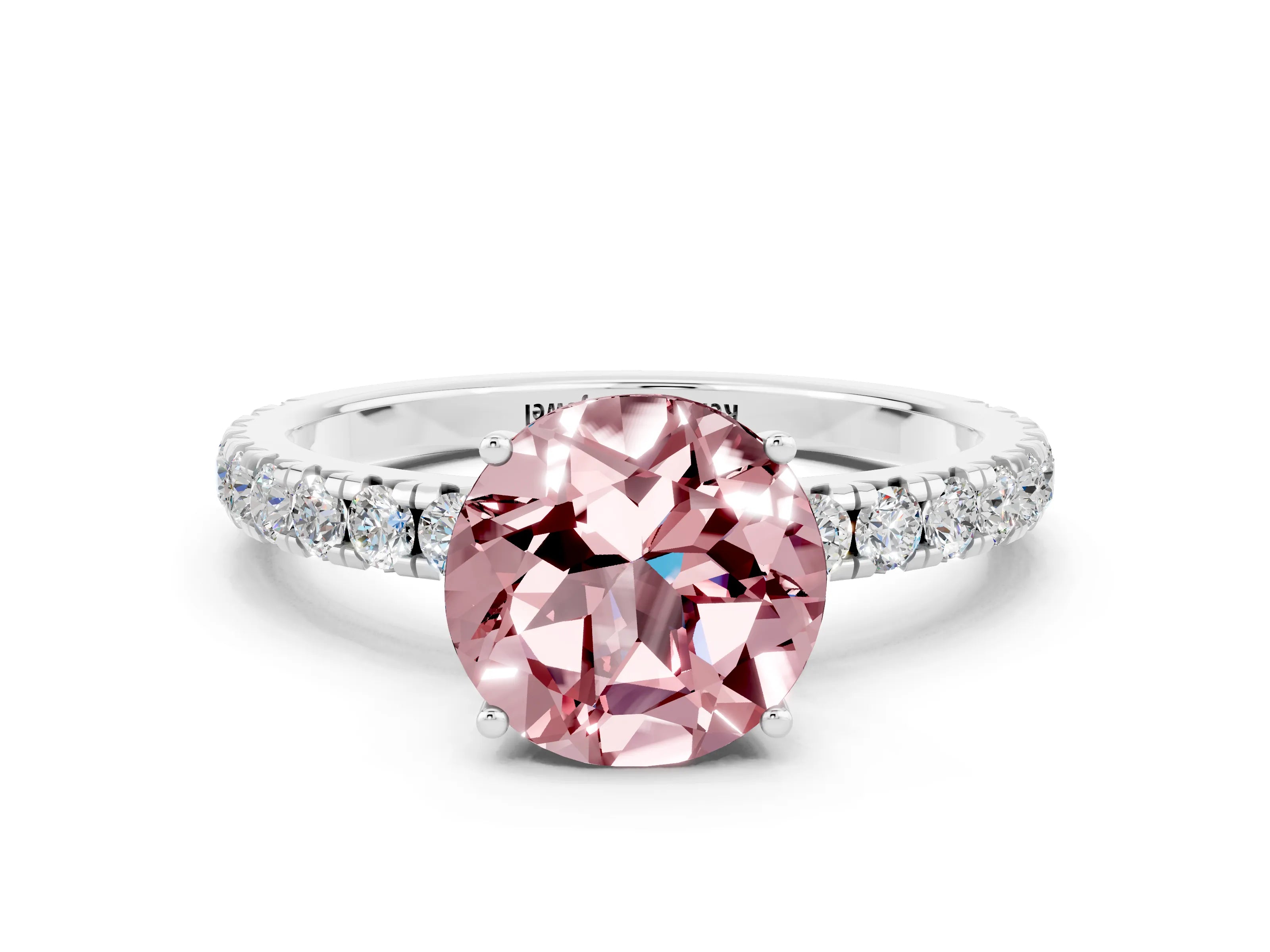 White gold Round Cut Morganite Pavé Solitaire Engagement Ring with Four-Prong Setting_12