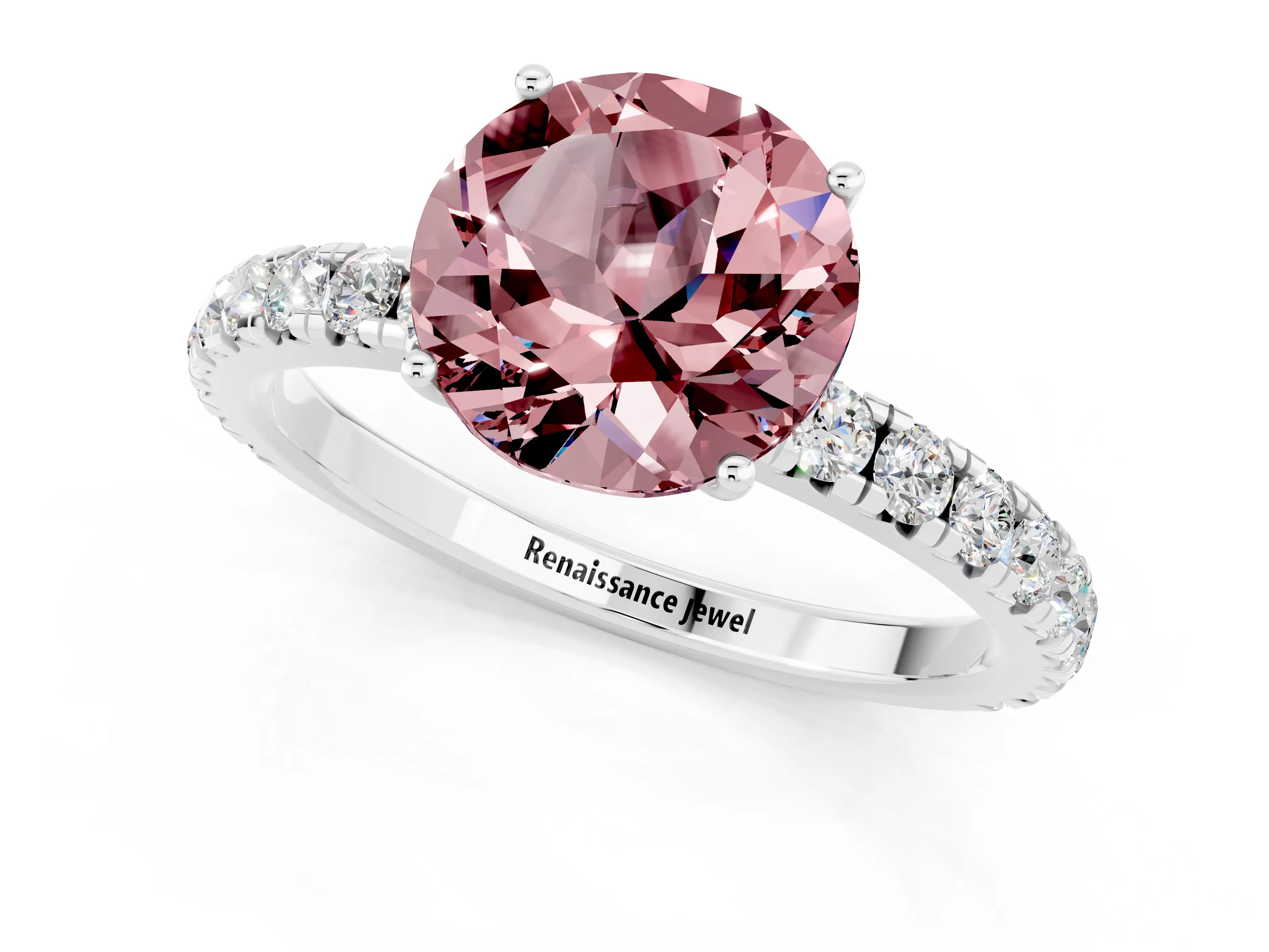 White gold Round Cut Morganite Pavé Solitaire Engagement Ring with Four-Prong Setting_13