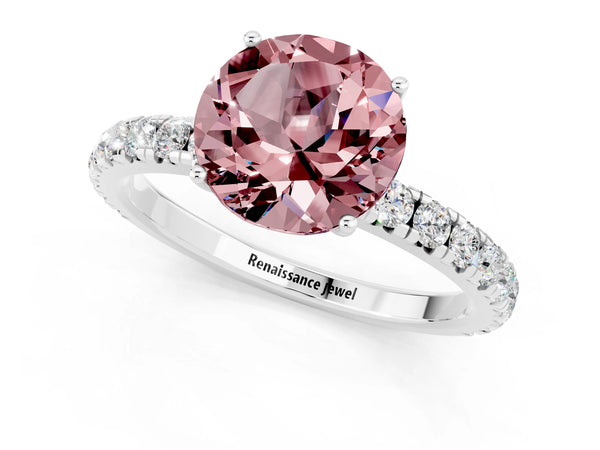 Silver Round Cut Morganite Pavé Solitaire Engagement Ring with Four-Prong Setting