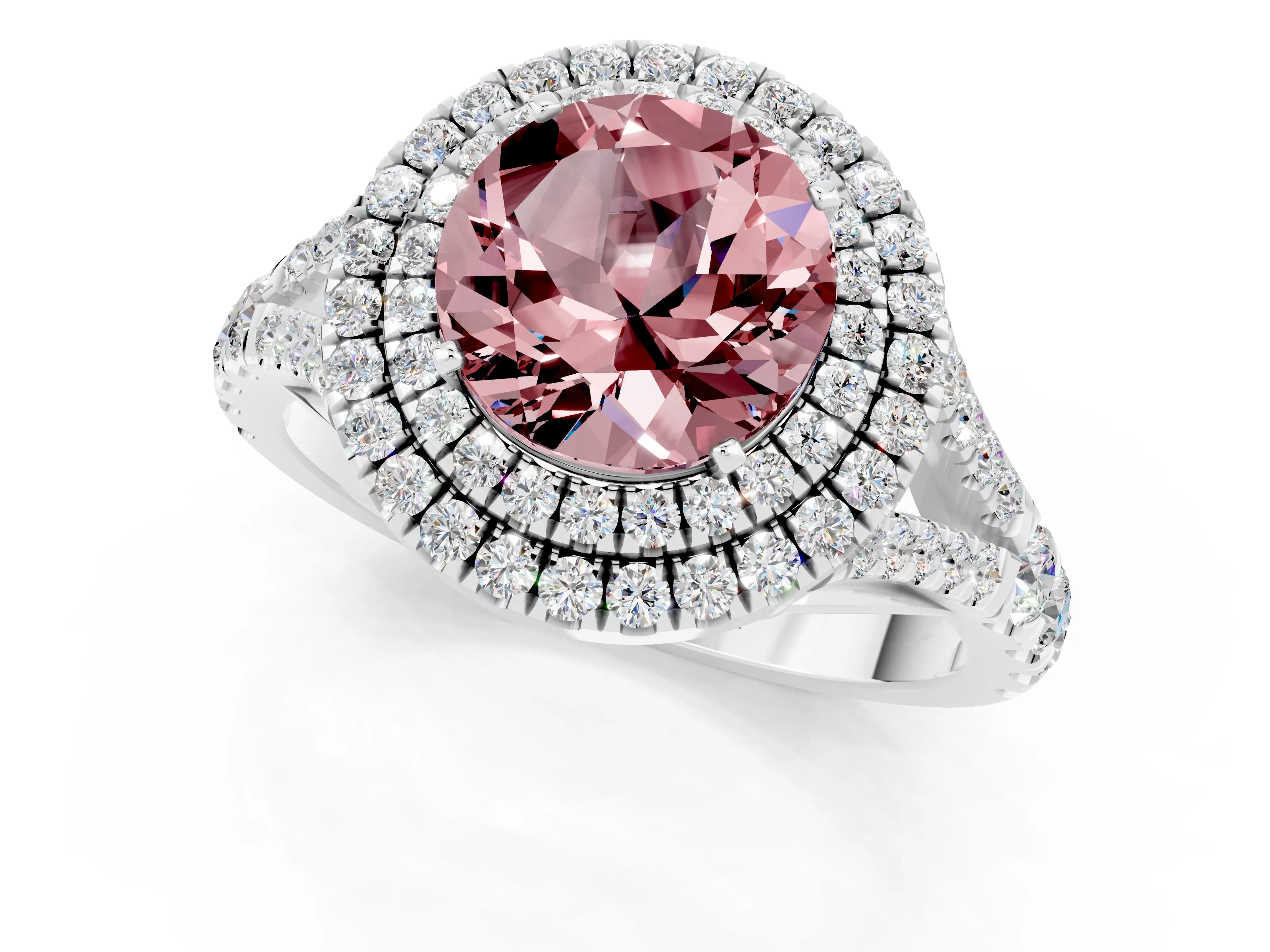White gold Round Cut Morganite Pavé Split Shank Double Halo Engagement Ring_1