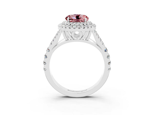 Silver Round Cut Morganite Pavé Split Shank Double Halo Engagement Ring