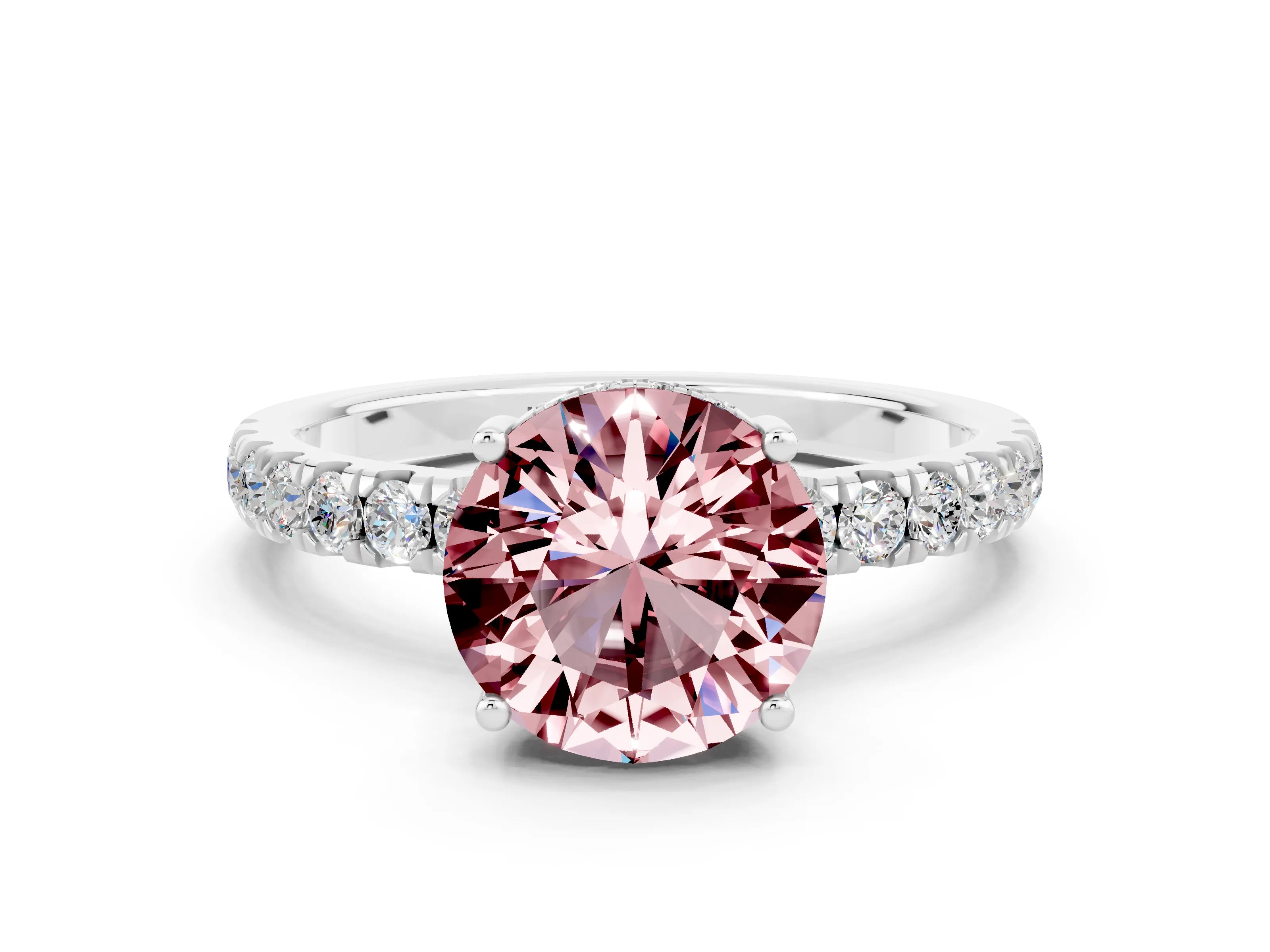 White gold Round Cut Morganite Pave Band Solitaire Ring with Four-Prong Setting_24