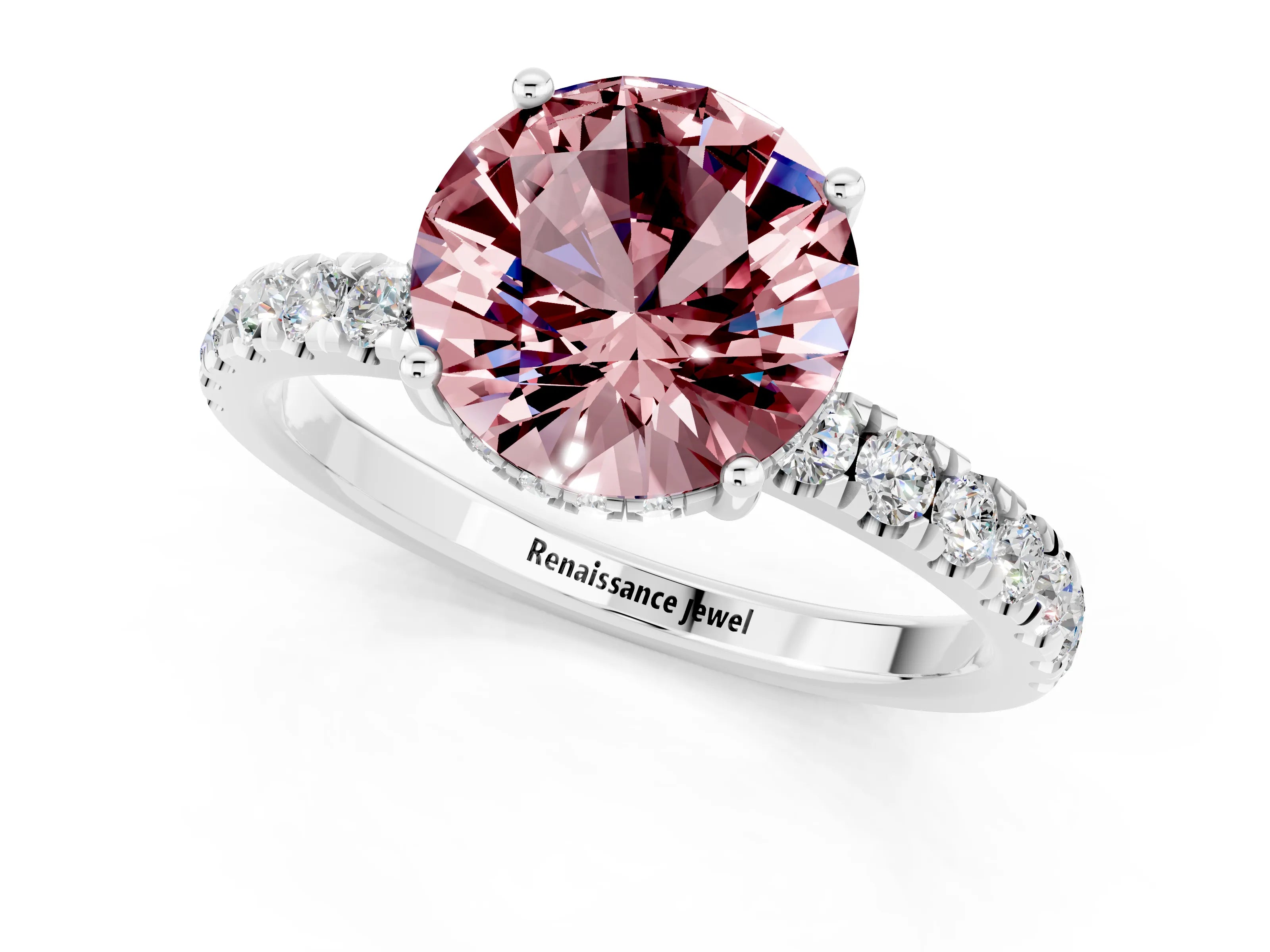 White gold Round Cut Morganite Pave Band Solitaire Ring with Four-Prong Setting_25