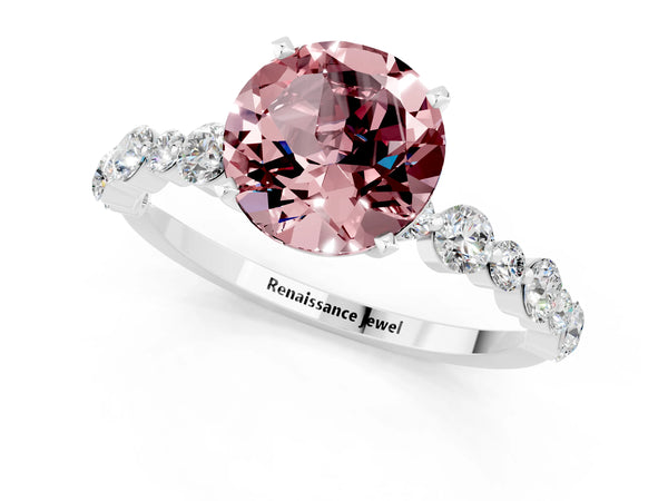 Silver Round Cut Morganite Prong Set Engagement Ring with Pavé Band