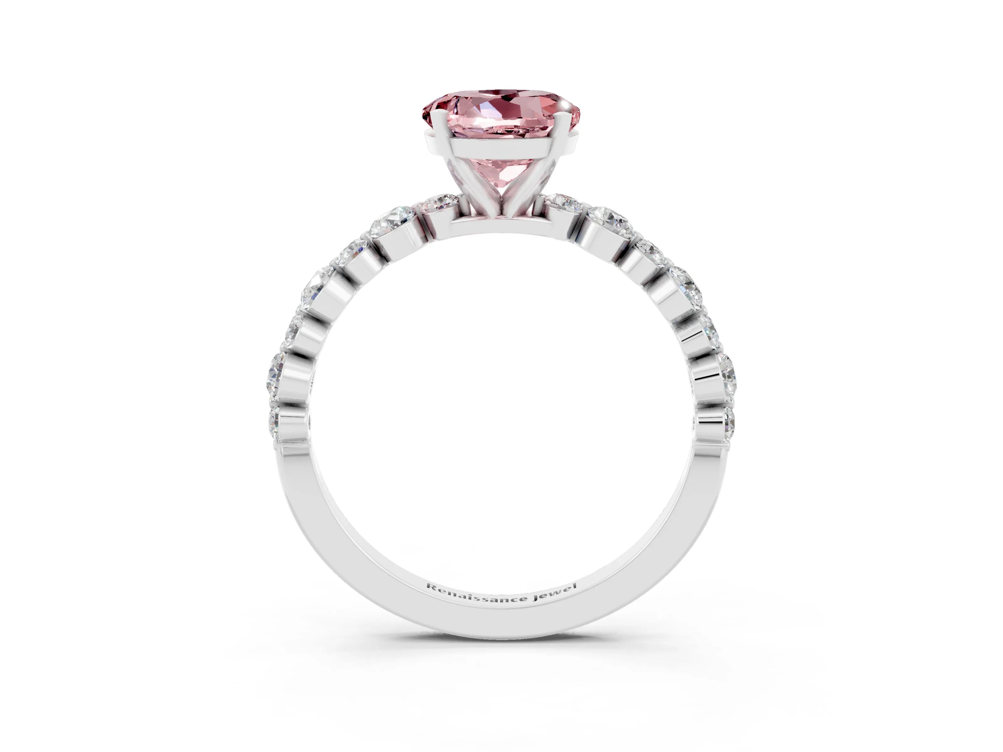 White gold Round Cut Morganite Prong Set Engagement Ring with Pavé Band_3