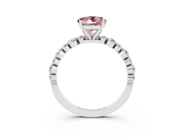 Platinum Round Cut Morganite Prong Set Engagement Ring with Pavé Band