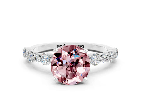 White gold Round Cut Morganite Prong Set Engagement Ring with Pavé Band