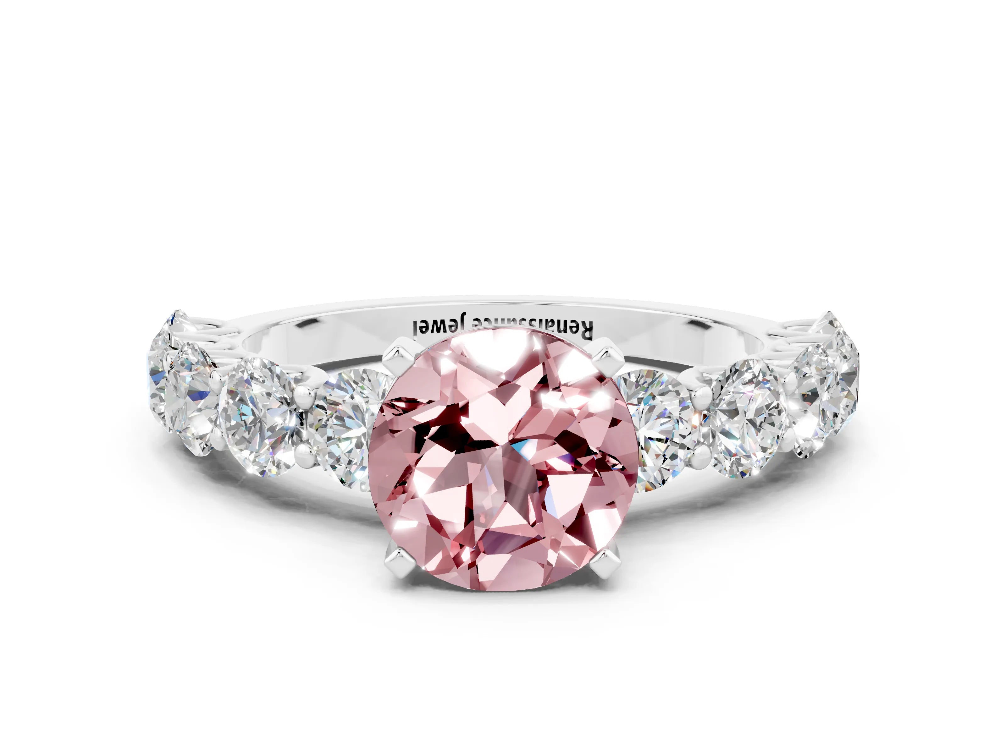 White gold Round Cut Morganite Prong Setting with Side Stones on a Pave Band
