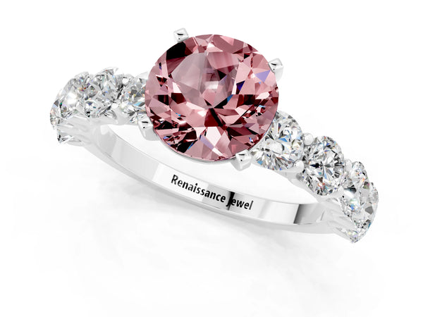 Platinum Round Cut Morganite Prong Setting with Side Stones on a Pave Band