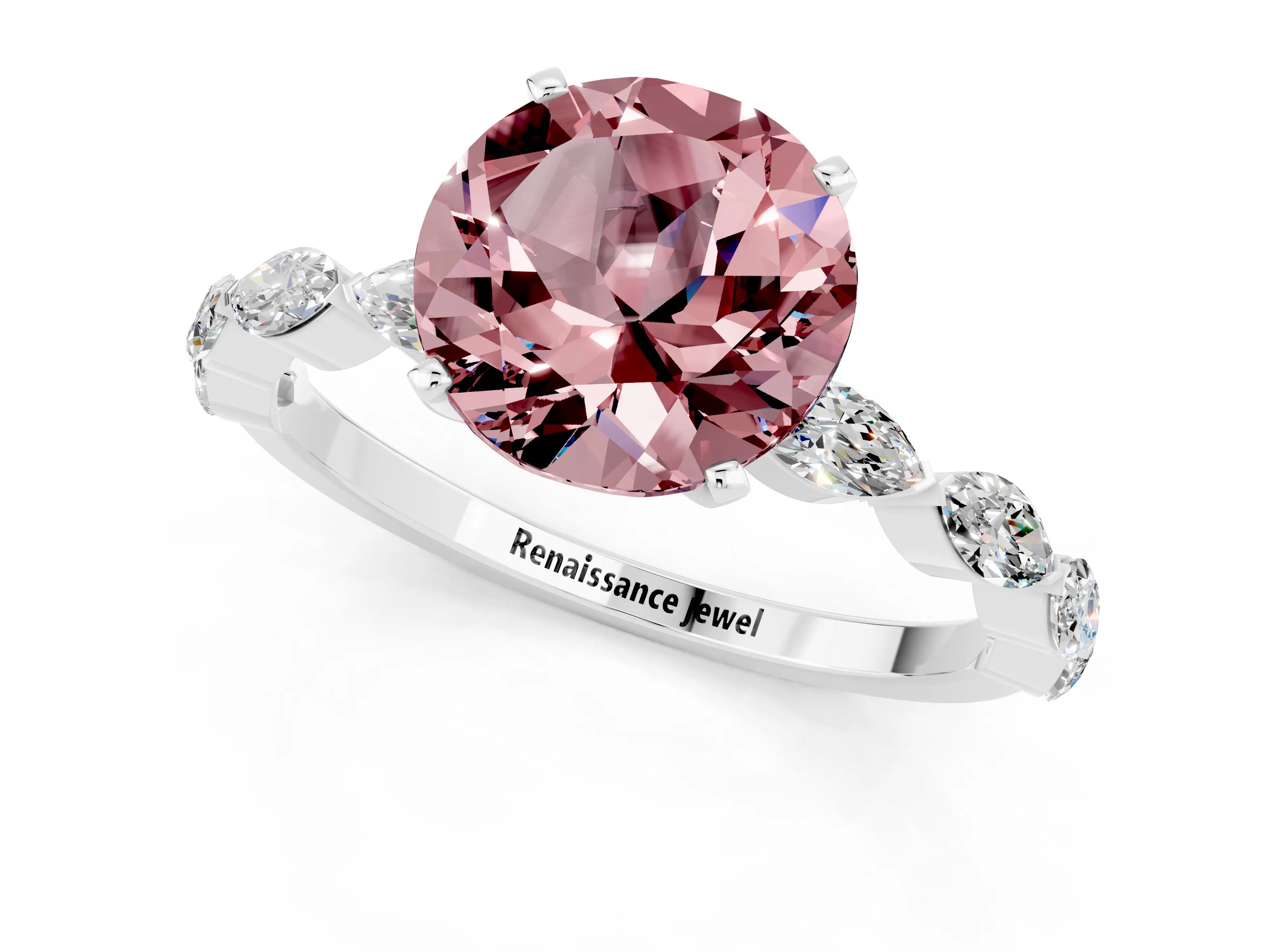 White gold Round Cut Morganite Ring with Marquise Side Stones and Prong Setting_1