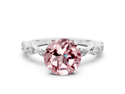 White gold Round Cut Morganite Ring with Marquise Side Stones and Prong Setting
