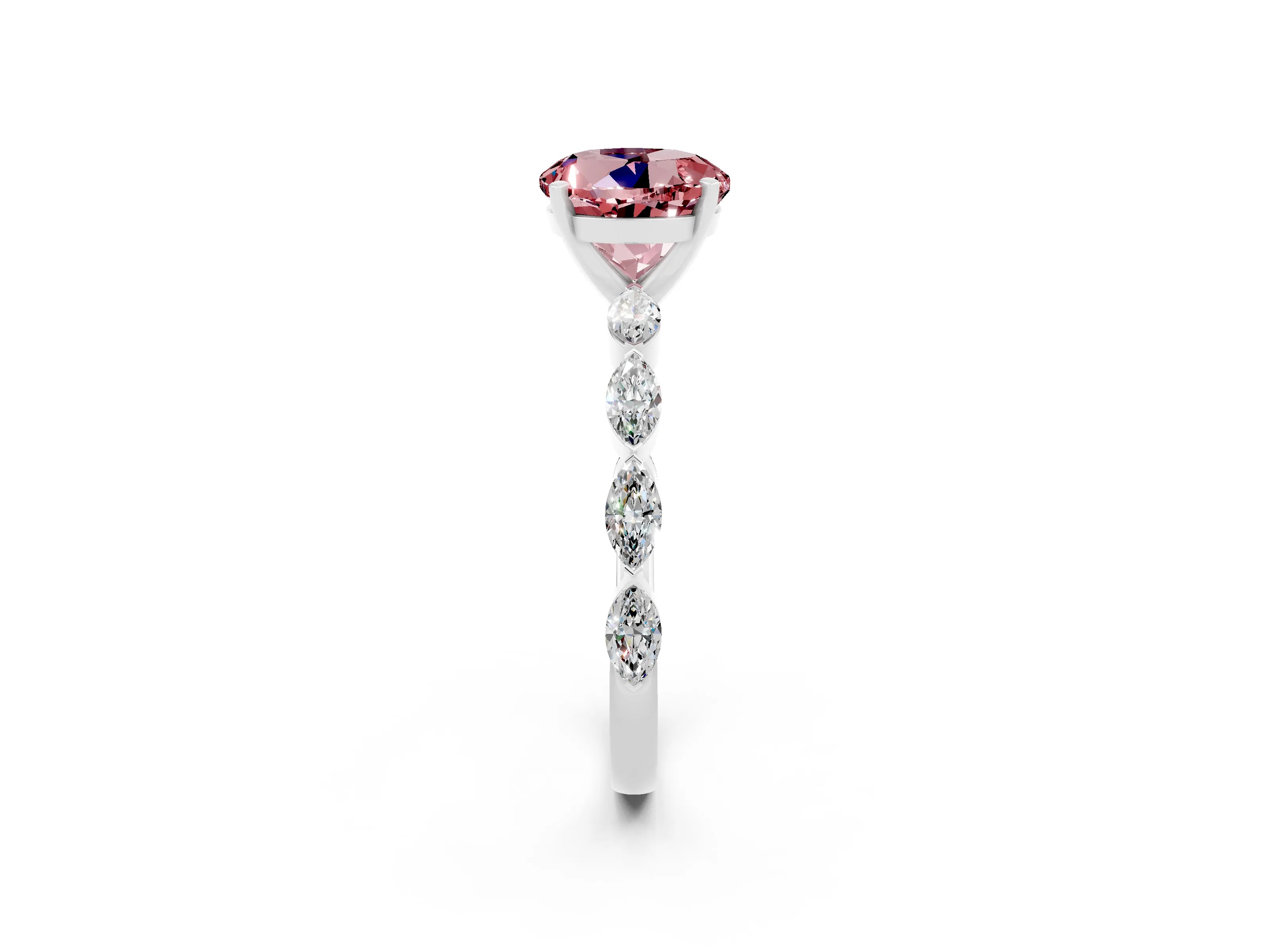 White gold Round Cut Morganite Ring with Marquise Side Stones and Prong Setting_2