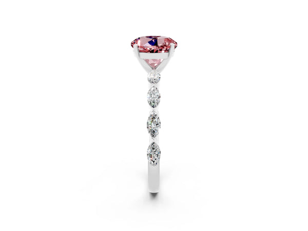 Silver Round Cut Morganite Ring with Marquise Side Stones and Prong Setting