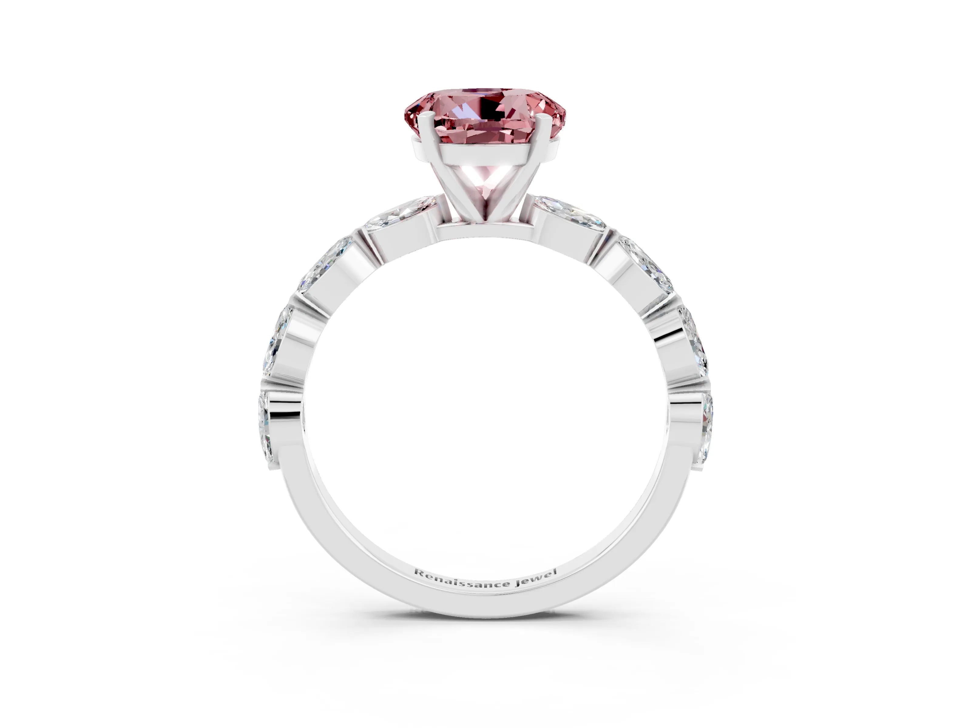White gold Round Cut Morganite Ring with Marquise Side Stones and Prong Setting_3