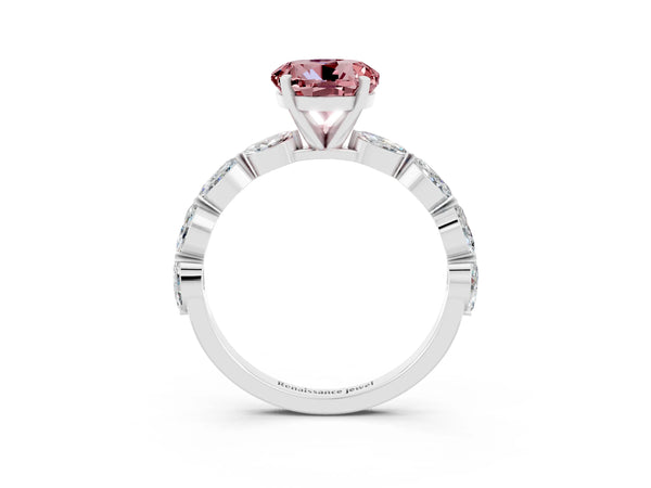 White gold Round Cut Morganite Ring with Marquise Side Stones and Prong Setting