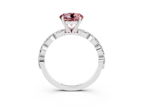 White gold Round Cut Morganite Ring with Marquise Side Stones and Prong Setting_3