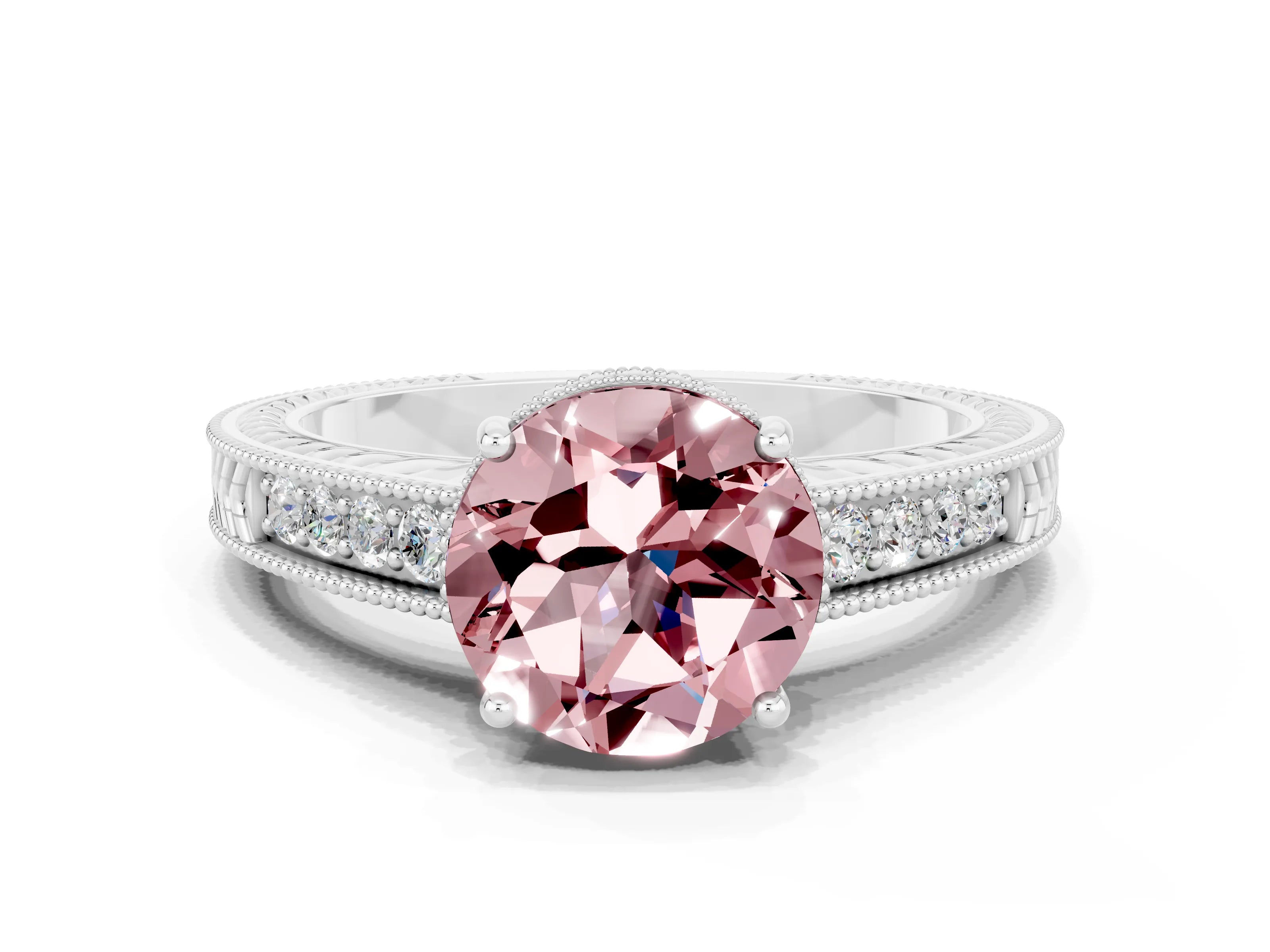 White gold Round Cut Morganite Ring with Milgrain Pavé Band and Four-Prong Setting_12