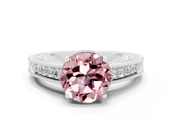 White gold Round Cut Morganite Ring with Milgrain Pavé Band and Four-Prong Setting
