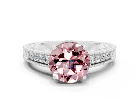 White gold Round Cut Morganite Ring with Milgrain Pavé Band and Four-Prong Setting_12