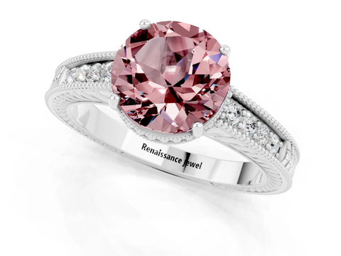 White gold Round Cut Morganite Ring with Milgrain Pavé Band and Four-Prong Setting_13