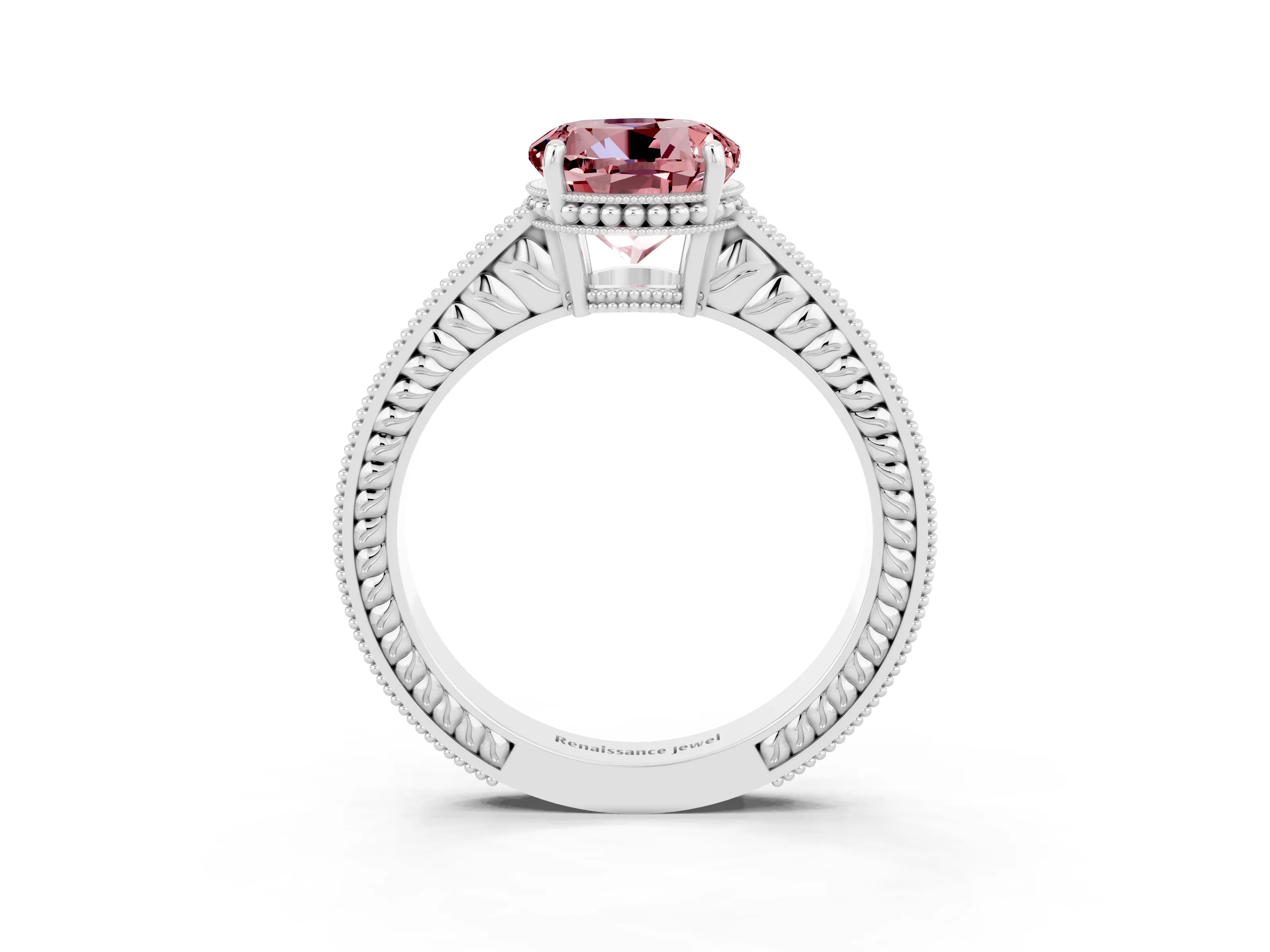 White gold Round Cut Morganite Ring with Milgrain Pavé Band and Four-Prong Setting_15