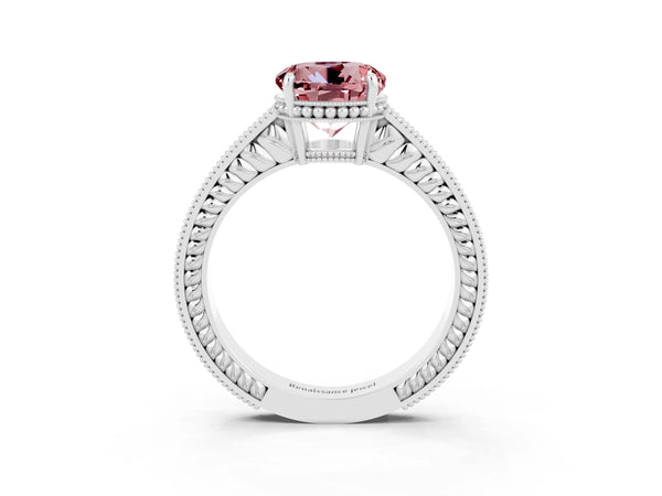 White gold Round Cut Morganite Ring with Milgrain Pavé Band and Four-Prong Setting