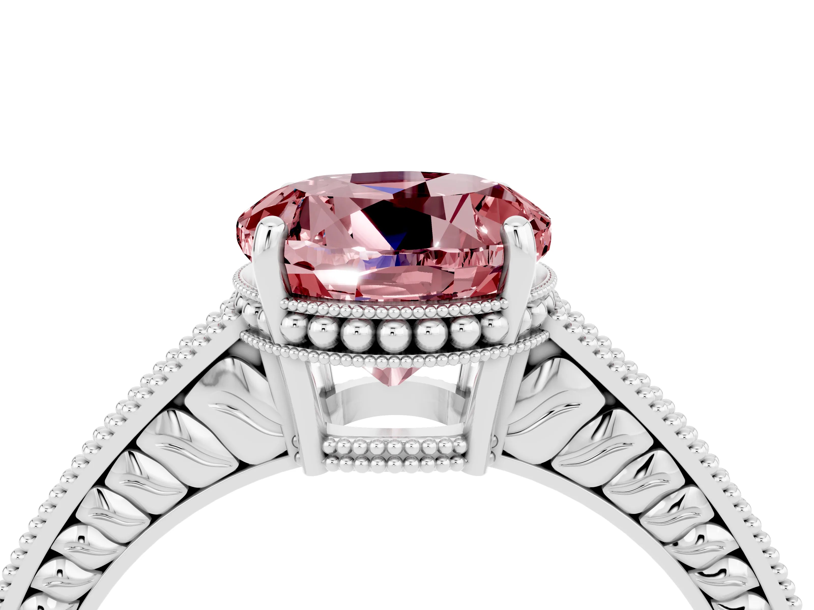 White gold Round Cut Morganite Ring with Milgrain Pavé Band and Four-Prong Setting_16