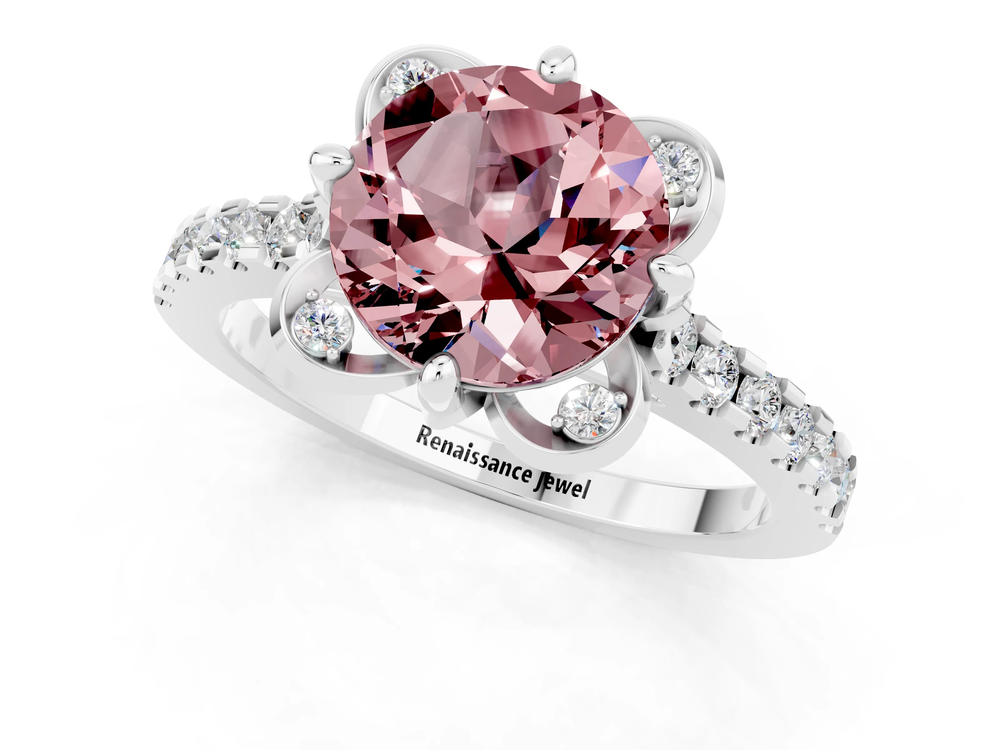 White gold Round Cut Morganite Ring with Pavé Band and Floral Prong Setting_1